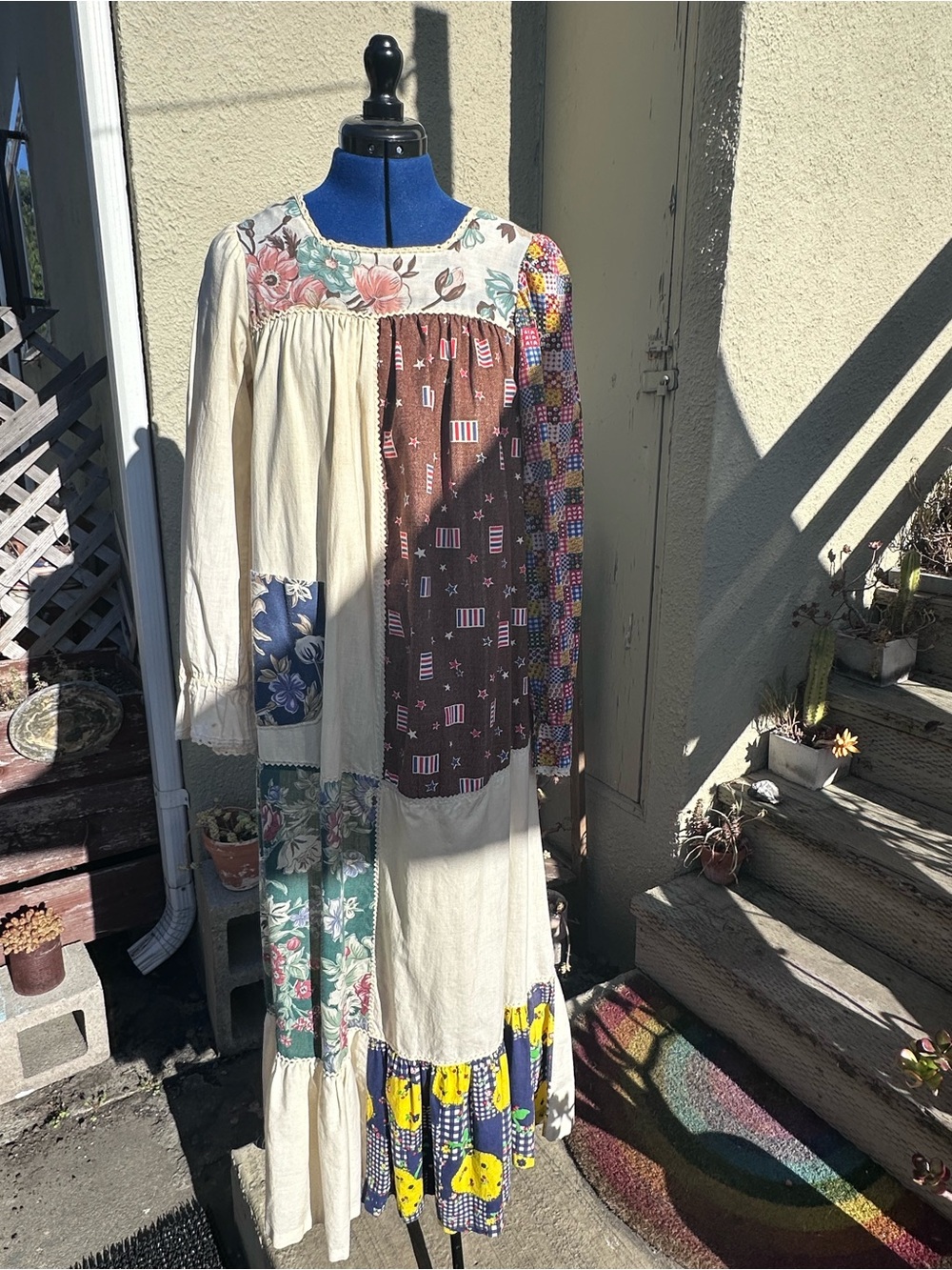 Vintage CottageCore Boho Patchwork Maxi Dress in Cream, Brown & Floral Panels